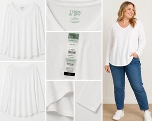 Terra & Sky Women's Plus Long Sleeve V-Neck Tee – White – Size 2X
